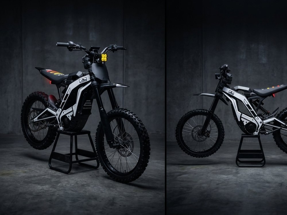 Electric off-road bike with a custom white graphics kit fitted at Cache Moto