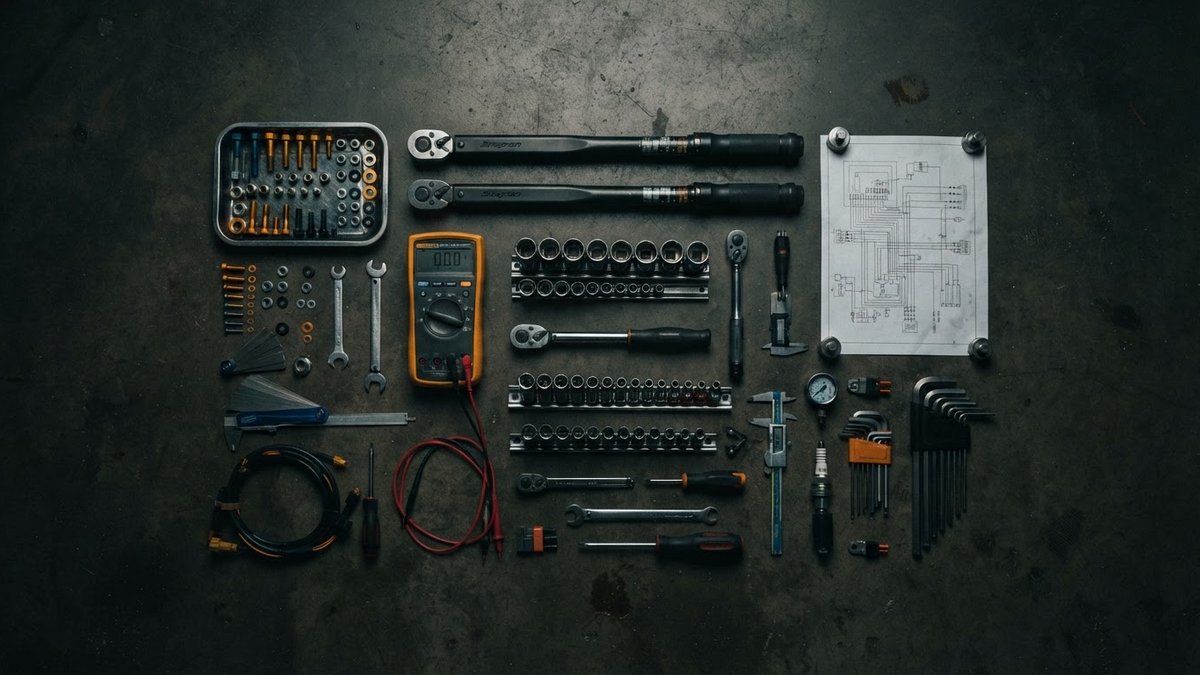 Torque wrenches, multimeter, sockets, connectors and a wiring diagram laid out on the shop floor